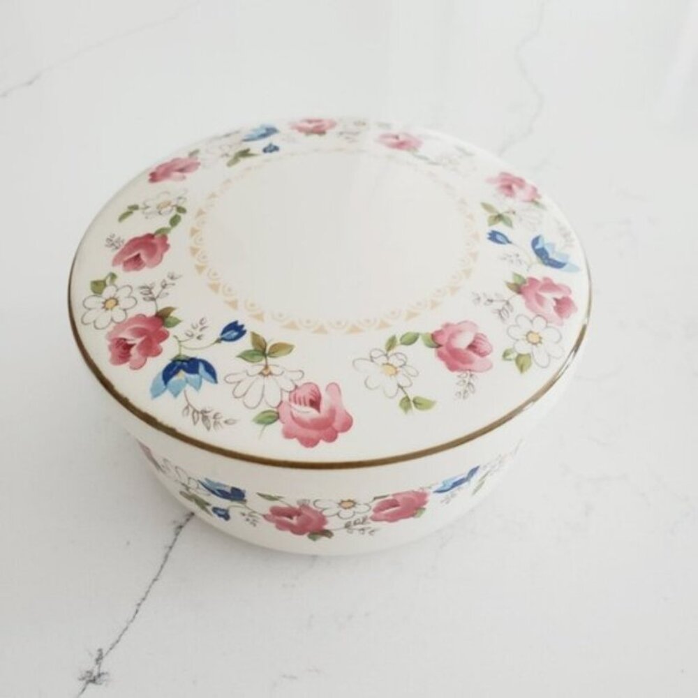 Vintage Korea Cottage Flower Country Round Lid Trinket Dish - Picture 2 of 7